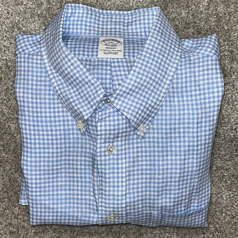 Baird McNutt Irish Linen North Carolina Blue Gingham Check SS Summer Shirt XXL